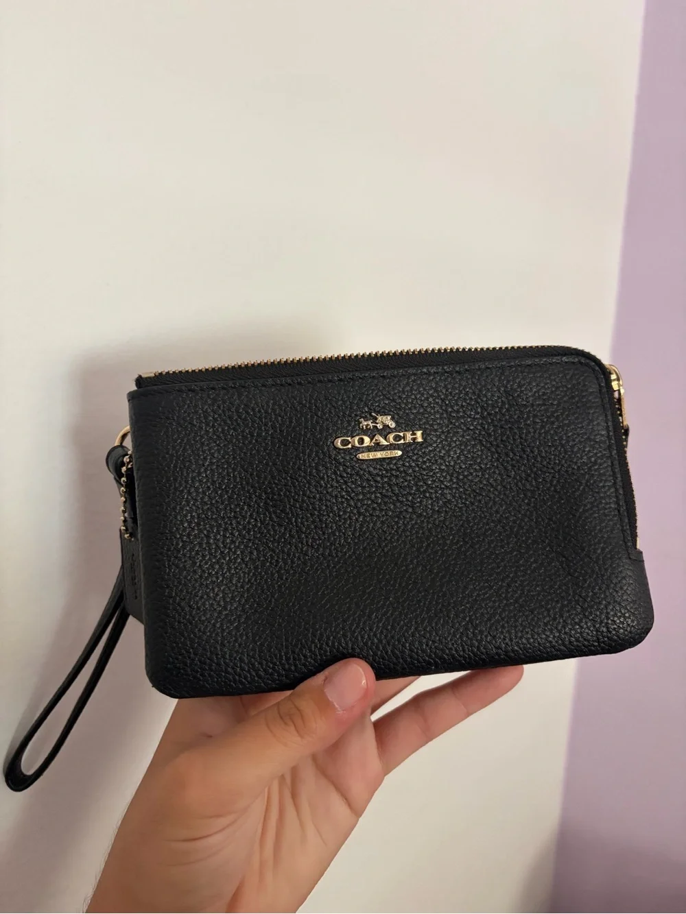 Coach Black Pebbled Leather Double Zip Wristlet with Gold Hardware